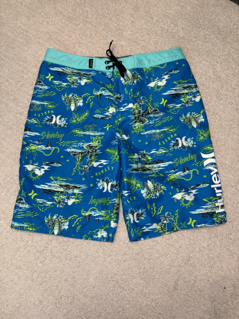 Hurley Boys Board Shorts Size 16/28 Blue Tropical Graphic Swim Trunks
